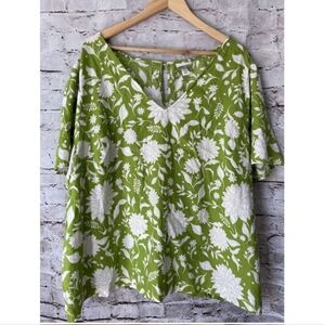 Ava & Viv Green V-neck Floral Linen Blend Blouse